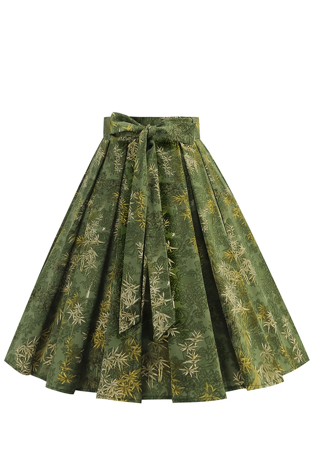 1950s Army Green Floral Pleated Swing Skirt