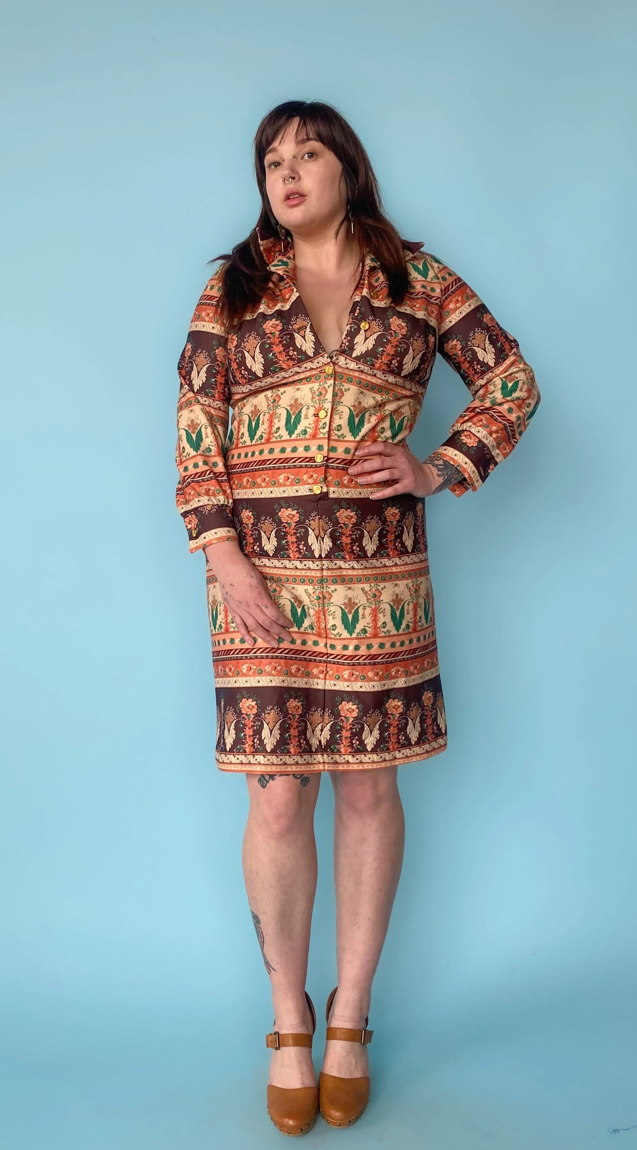 1970s Brown Floral Collar Dress, sz. 1XL