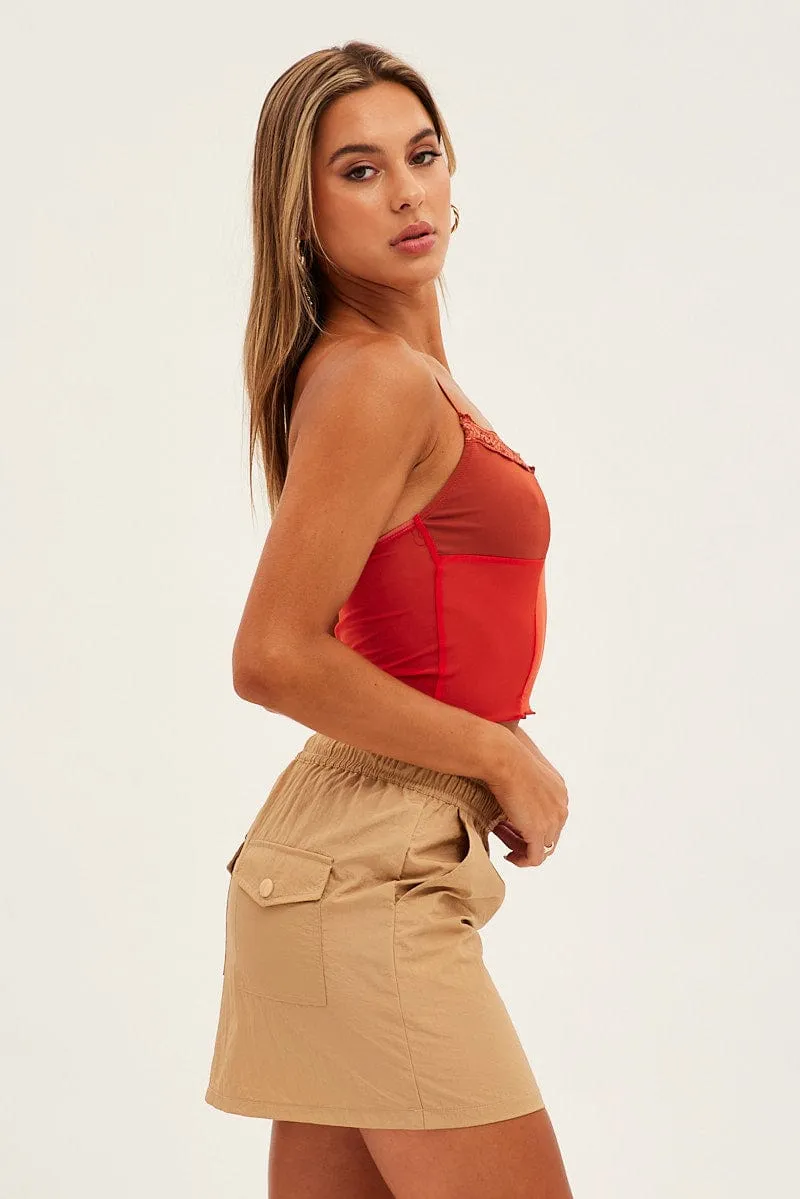 Beige Parachute Cargo Skirt Mid Rise Mini