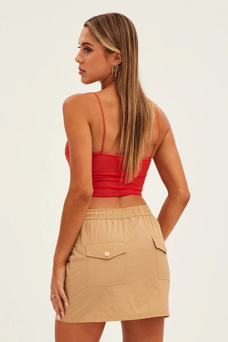 Beige Parachute Cargo Skirt Mid Rise Mini