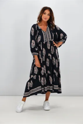 Boho Australia Maisha Dress Navy Brown Print