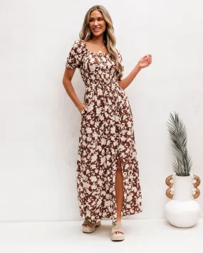 Brown Floral Print Slit Maxi Dress - FINAL SALE