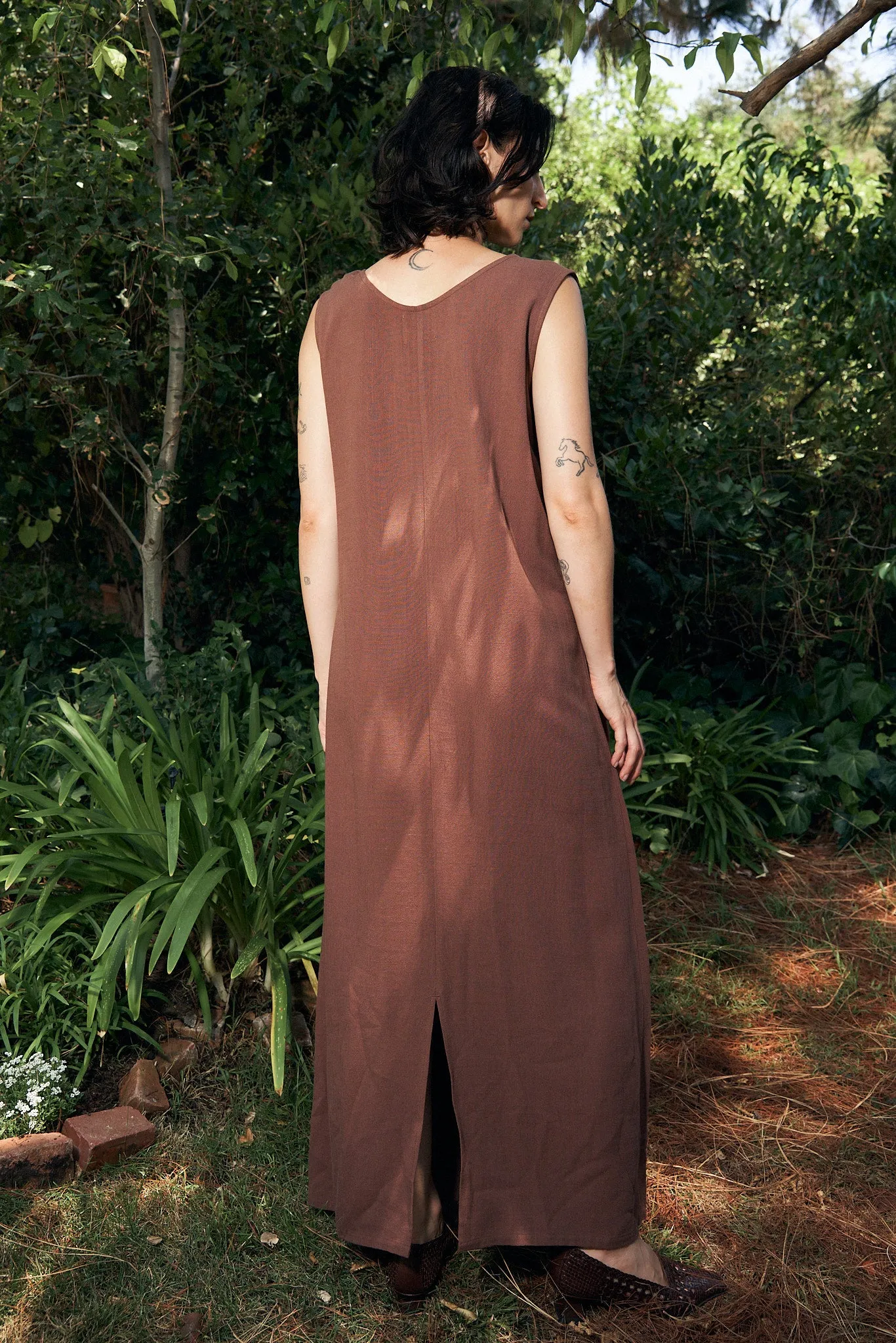 Brown Linen Shift Long Dress