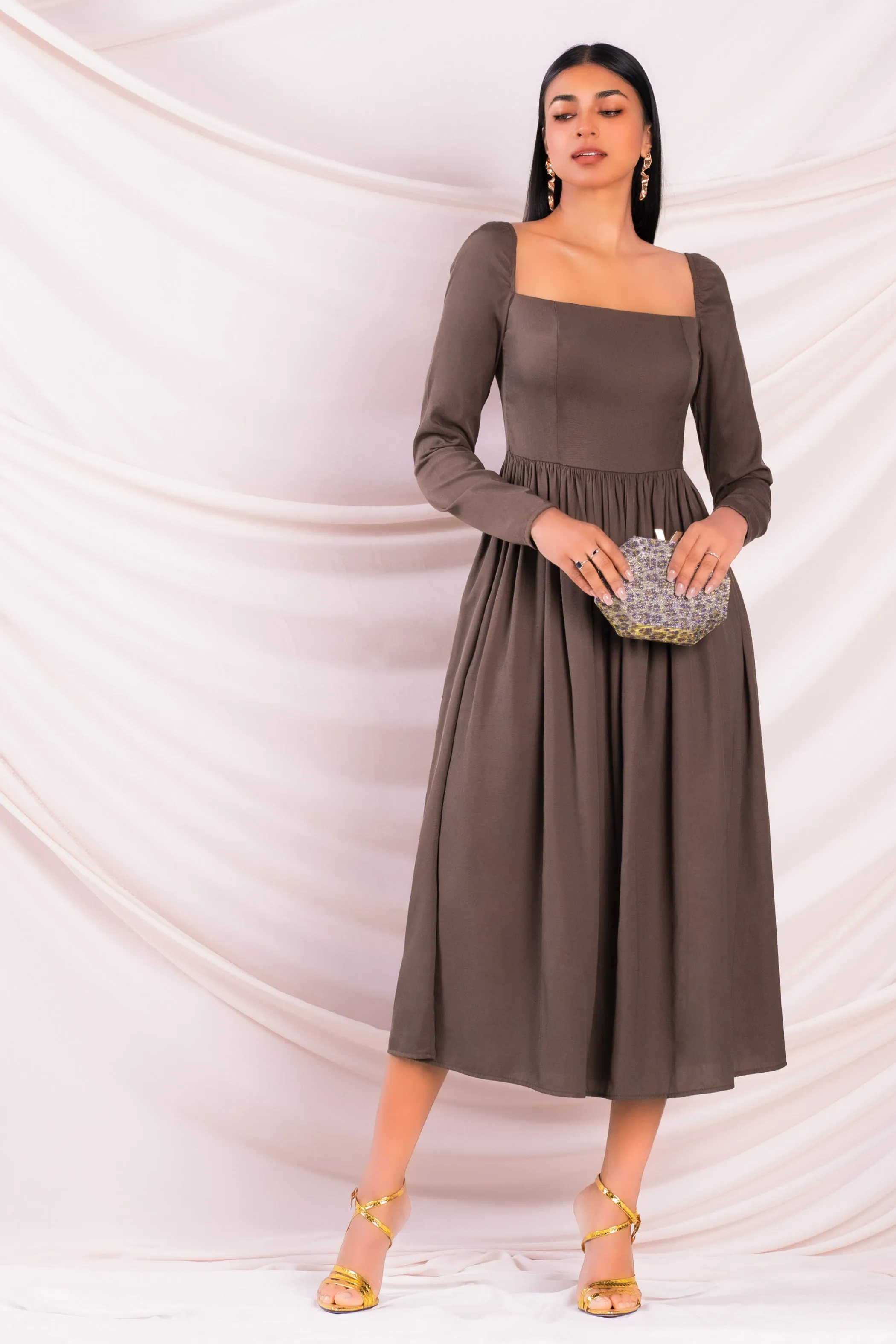 Brown Square Neck Midi Dress