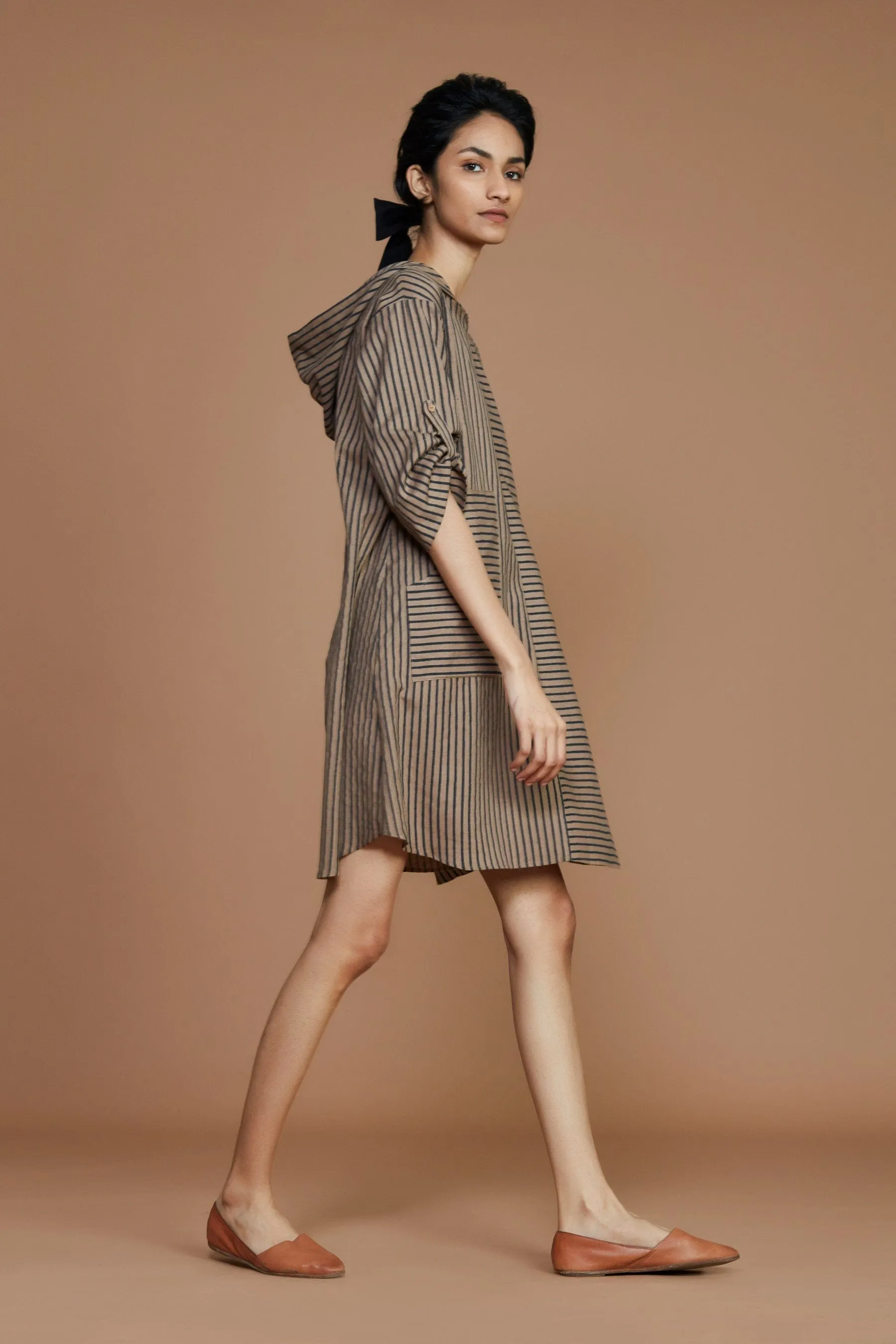 Brown With Charcoal Striped Hooded Dress