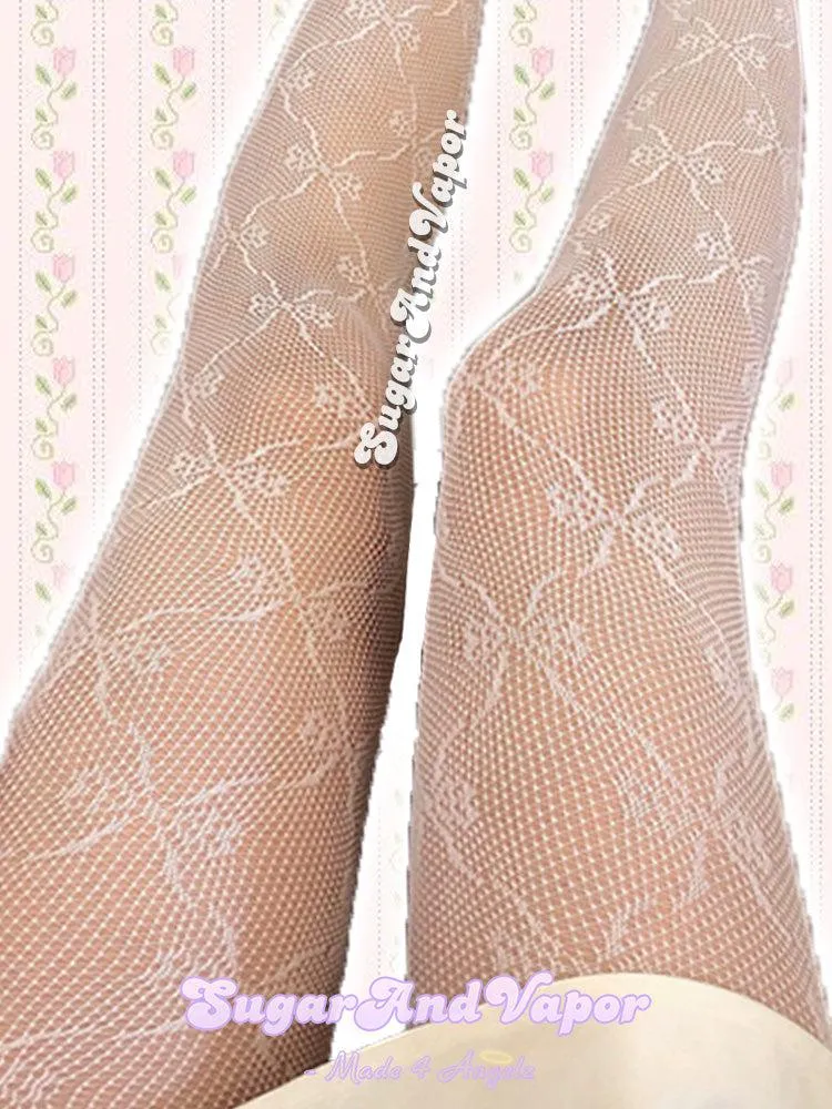 Girly Floral Bownots Fishnet Tights