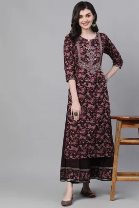 Ishin Women Burgundy Ethnic Cotton Kurti Set