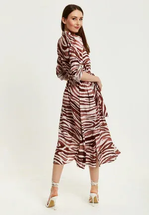 Liquorish Brown Zebra Print Midi Shirt Dress