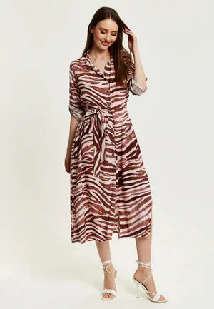 Liquorish Brown Zebra Print Midi Shirt Dress