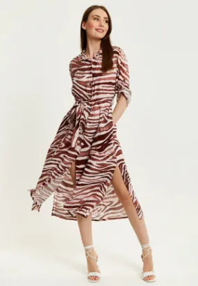 Liquorish Brown Zebra Print Midi Shirt Dress