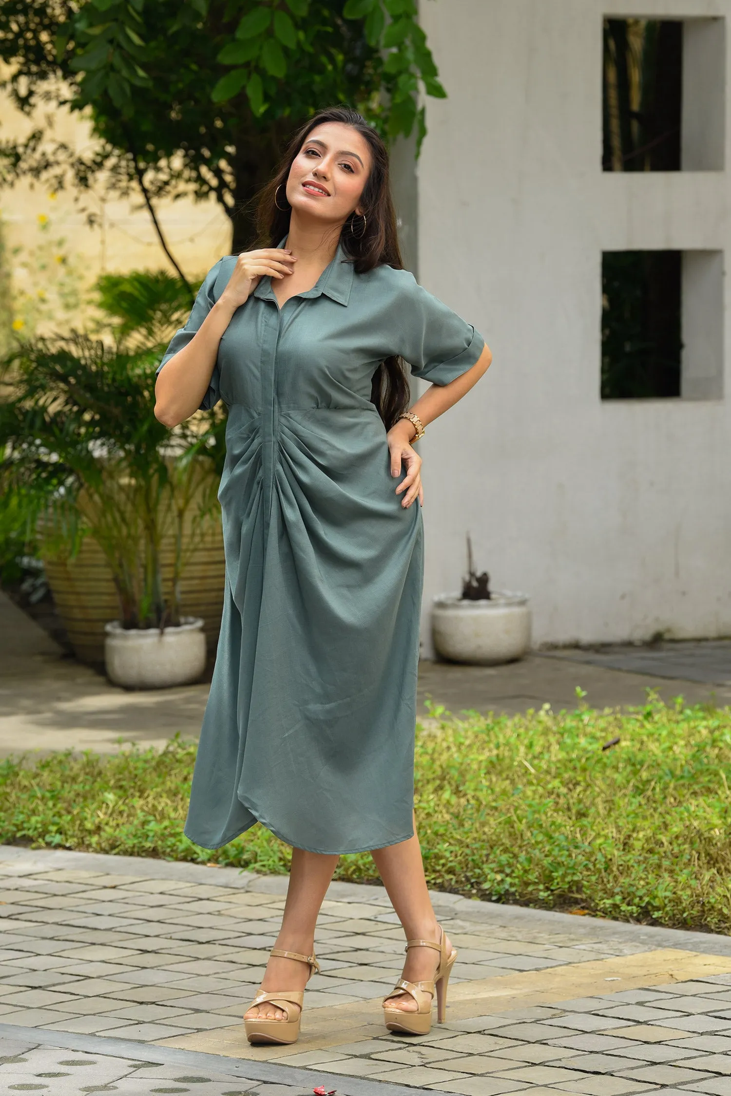 Sage Front Pleated Dress