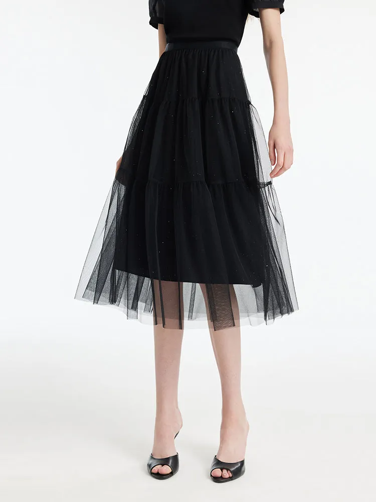 Sequins Tulle Tiered Women Half Skirt