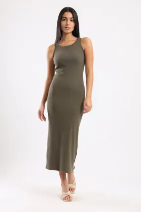 SLEEVELESS RIB KNIT DRESS - KHAKI