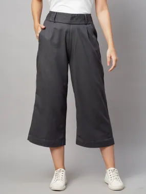 Women's Grey Viscose Cotton Linen Lycra Straight Fit Culottes